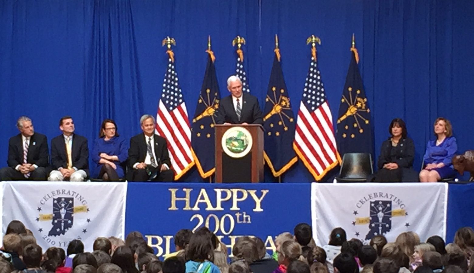 Governor (and Vice President-elect) Mike Pence speaks to students from around Indiana during the Bicentennial Statehood Day celebration at the Statehouse. (Brandon Smith/IPB News)