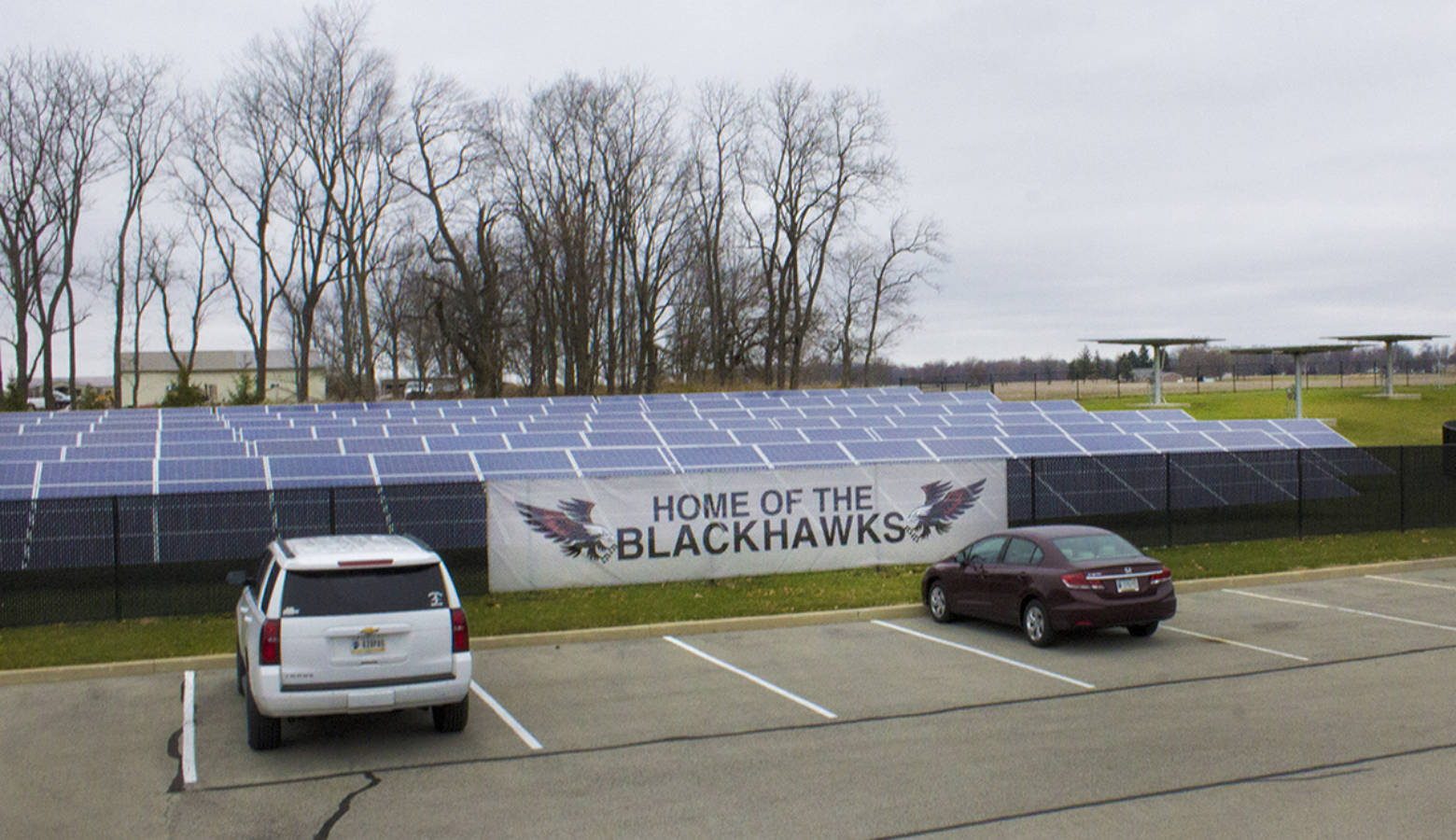 A group of solar panels at Sheridan Elementary School. Sheridan Community Schools, in Hamilton County, is now one of Indiana's first completely solar powered school districts. (Peter Balonon-Rosen/Indiana Public Broadcasting)