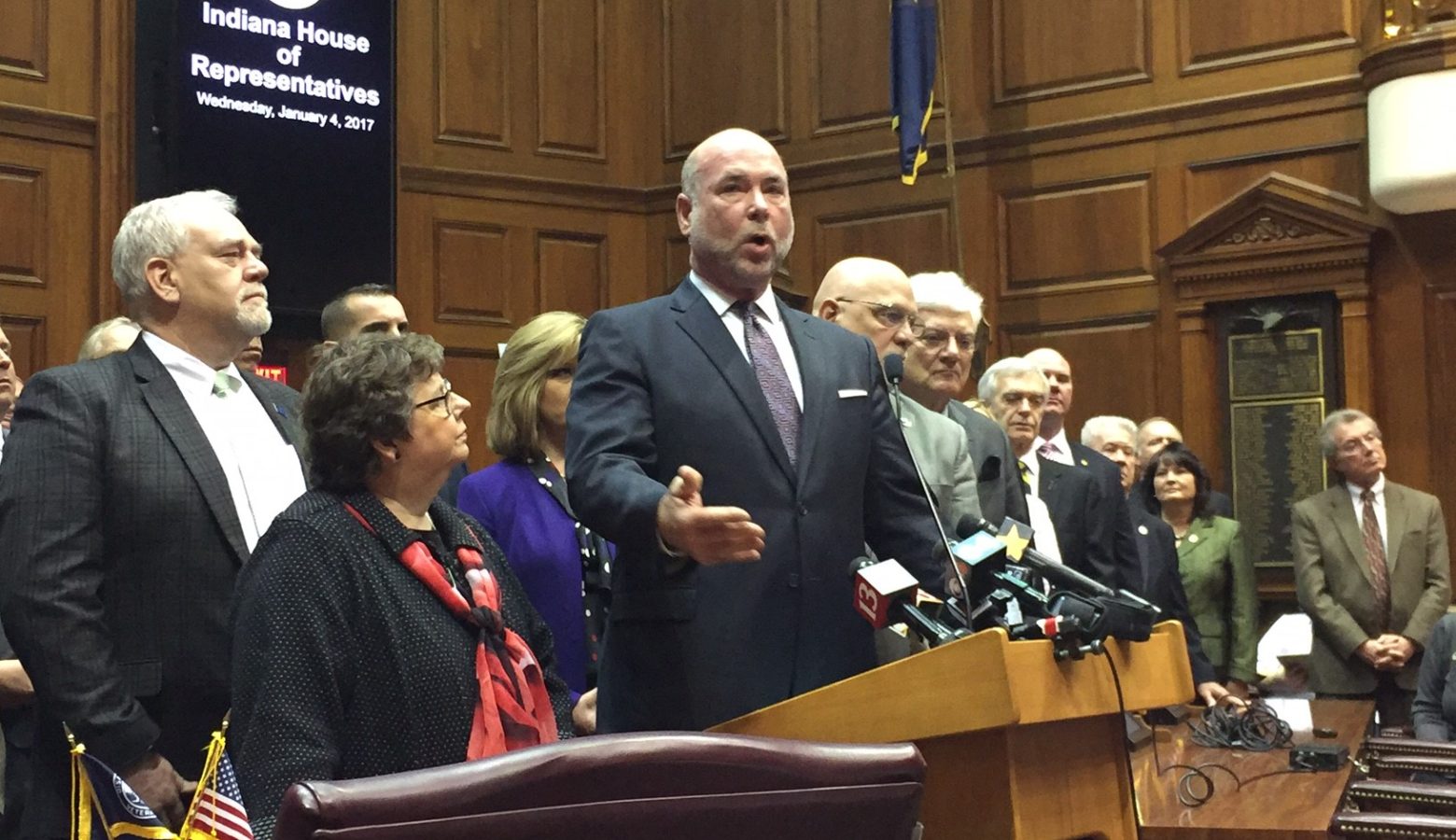 Speaker Brian Bosma (R-Indianapolis) discusses the House GOP road funding plan while surrounded by members of his caucus. (Brandon Smith/IPB News)