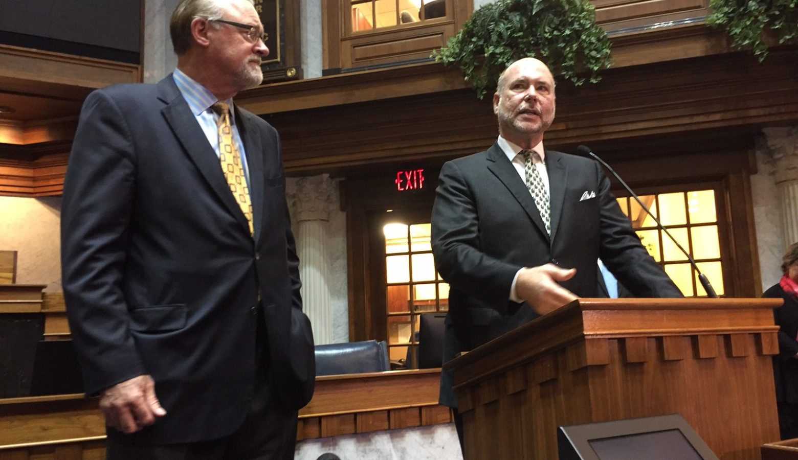 Senate President Pro Tem David Long (R-Fort Wayne), at left, looks on as Speaker Brian Bosma (R-Indianapolis) discusses Governor Eric Holcomb's first State of the State address. (Brandon Smith/IPB News)