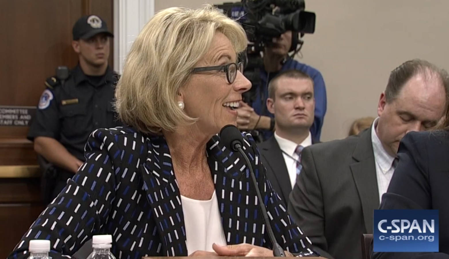 U.S. Secretary of Education Betsy Devos faces questions about a Bloomington, Indiana, school whose admissions brochure gives them the right to deny admission or end enrollment for students whose home lives include behaviors prohibited in the Bible, including homosexual or bisexual activity. (C-SPAN screenshot)