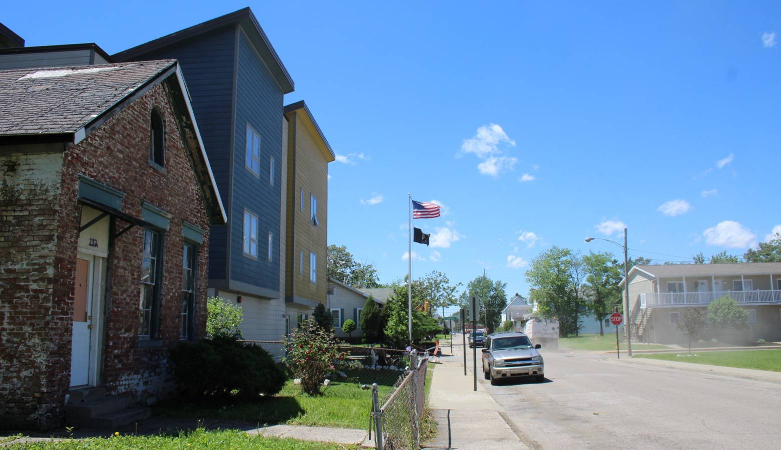 The Jacobsville neighborhood of Evansville is beginning to bounce back from decades of blight and a lengthy lead cleanup process. Here, new veterans' housing mingles with EPA-laid sod and lingering vacant homes. (Annie Ropeik/IPB News)