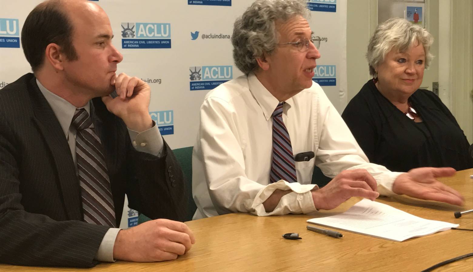 (From left) ACLU of Indiana attorney Gavin Rose, ACLU of Indiana legal director Ken Falk, and Planned Parenthood of Indiana and Kentucky CEO Betty Cockrum. (Brandon Smith/IPB News)