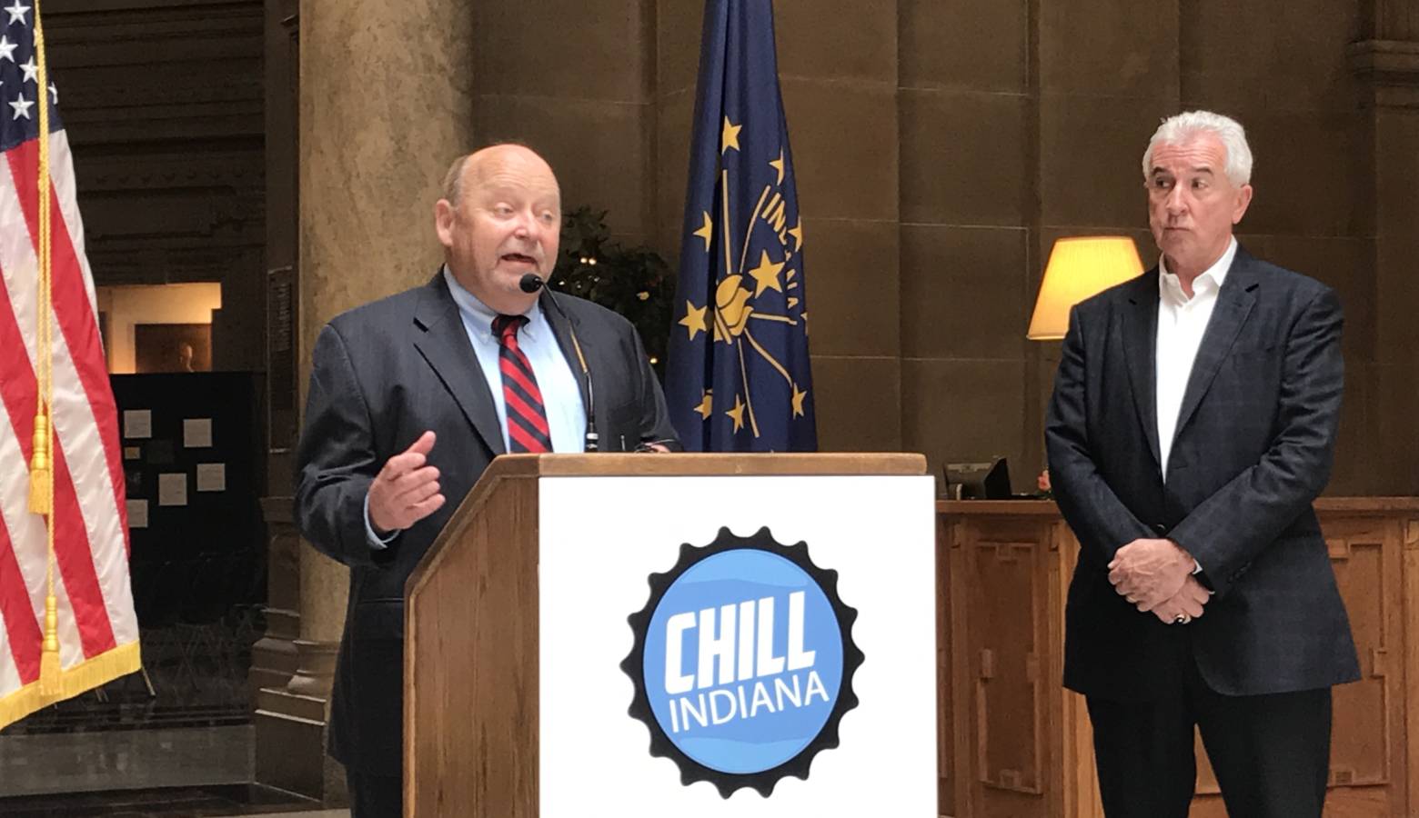 Indiana Petroleum Marketers and Convenience Store Association executive director Scot Imus discusses the launch of Chill Indiana. Rickers CEO Jay Ricker (right) will be involved with the campaign. (Brandon Smith/IPB News)
