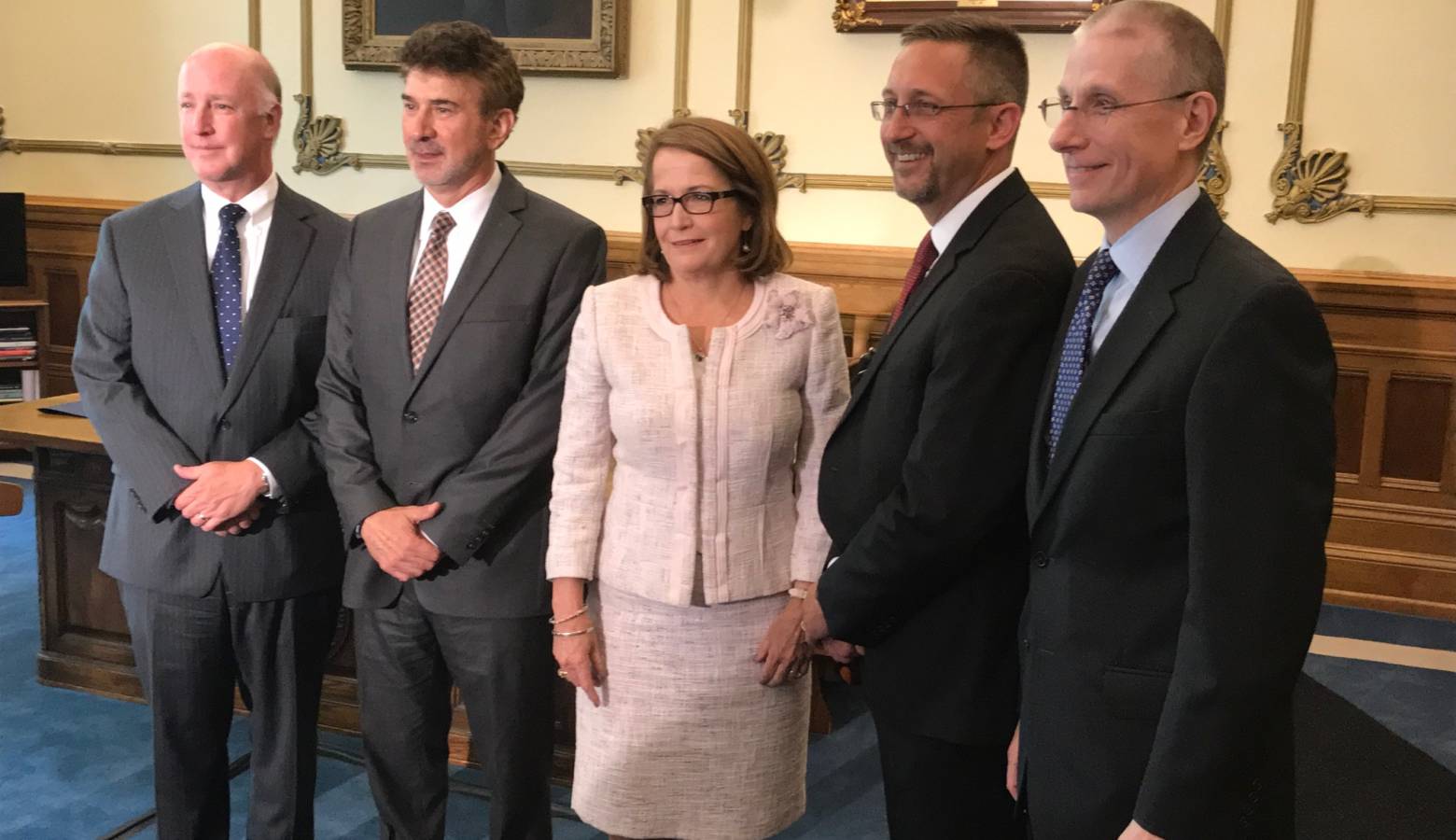 Christopher Goff (second from left) poses with his new Supreme Court colleagues - (from left to right) Justices Mark Massa and Steven David, Chief Justice Loretta Rush, and Justice Geoffrey Slaughter. (Brandon Smith/IPB News)