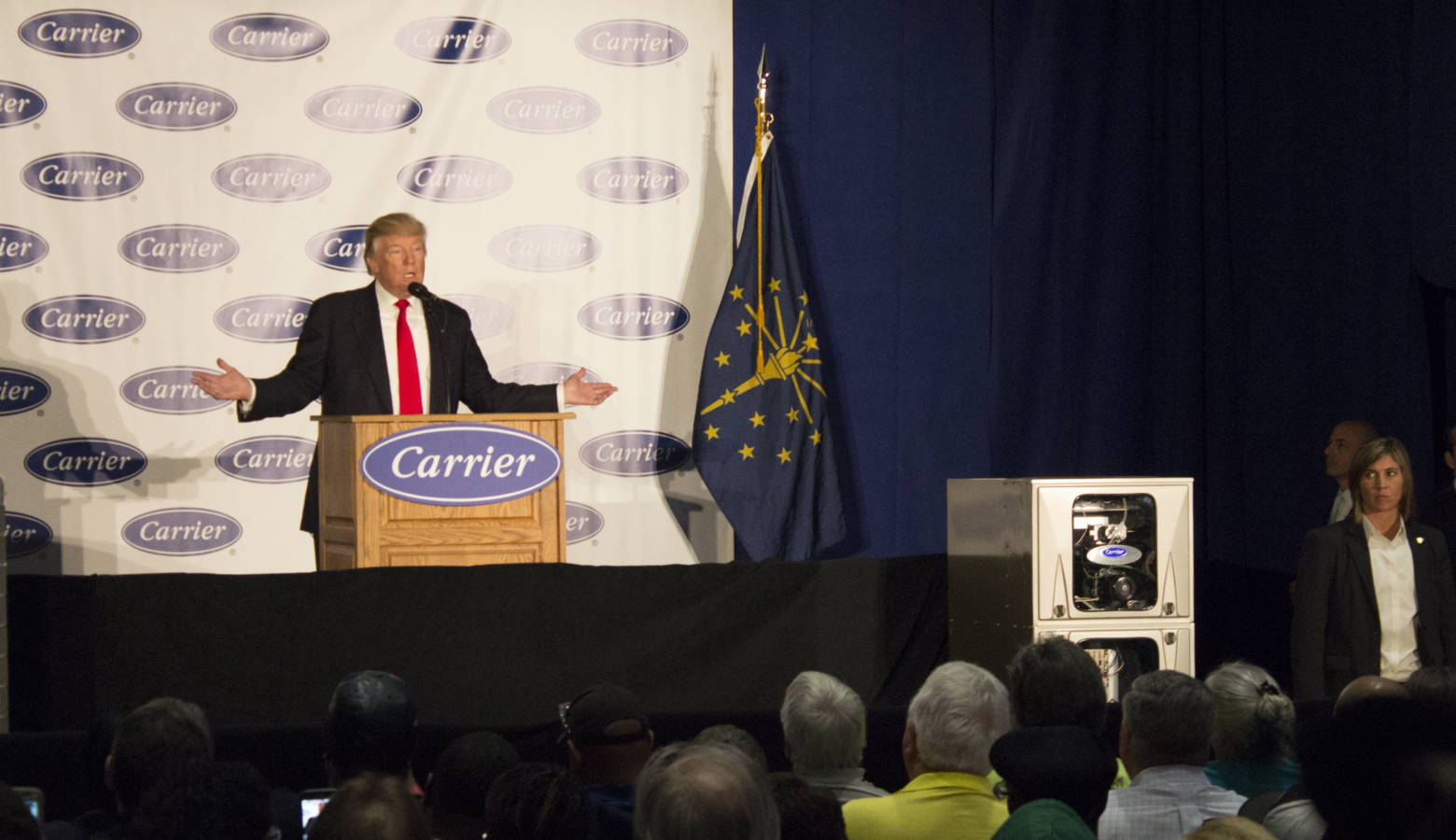 Then-President-elect Donald Trump addresses workers at the Indianapolis Carrier factory last December. (Drew Daudelin/WFYI)