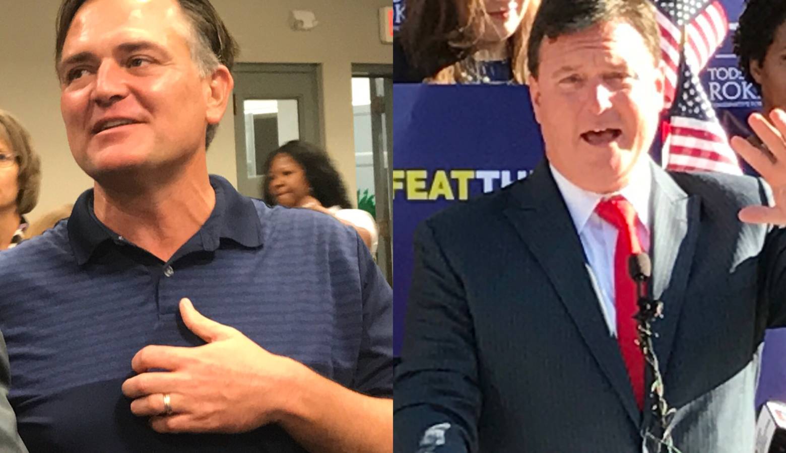 The tone of the race to challenge incumbent U.S. Sen. Joe Donnelly (D-Ind.) has been marked by vitriol between U.S. Rep. Luke Messer (R-Shelbyville), left, and U.S. Rep. Todd Rokita (R-Brownsburg), right. (Brandon Smith/IPB News)