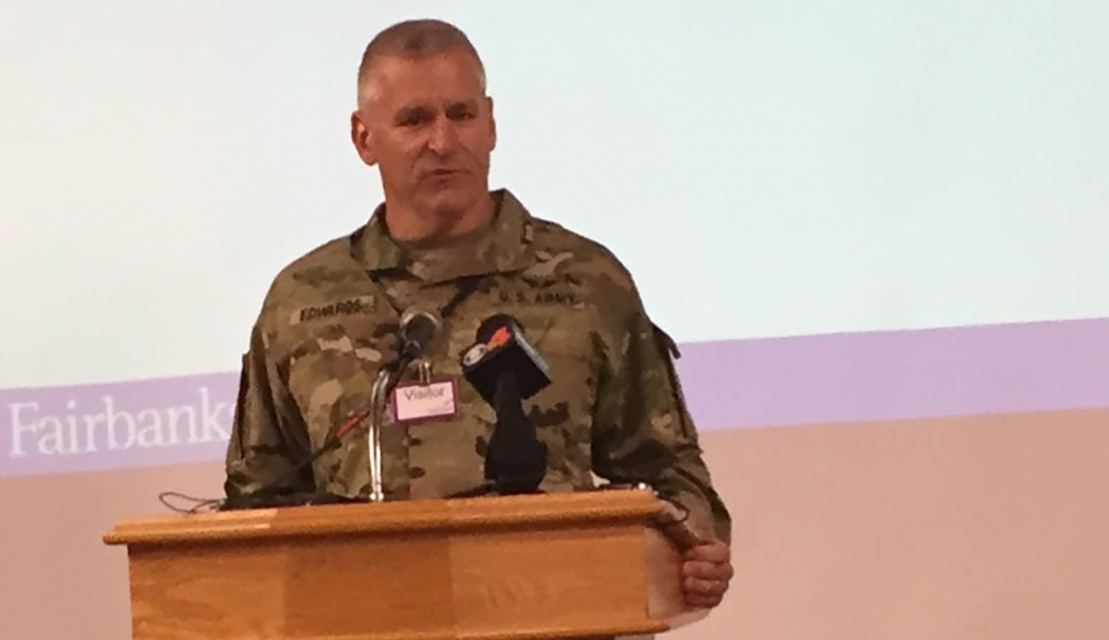 Indiana National Guard behavioral health officer Maj. Scott Edwards speaks at Fairbanks. (Jill Sheridan/IPB News)