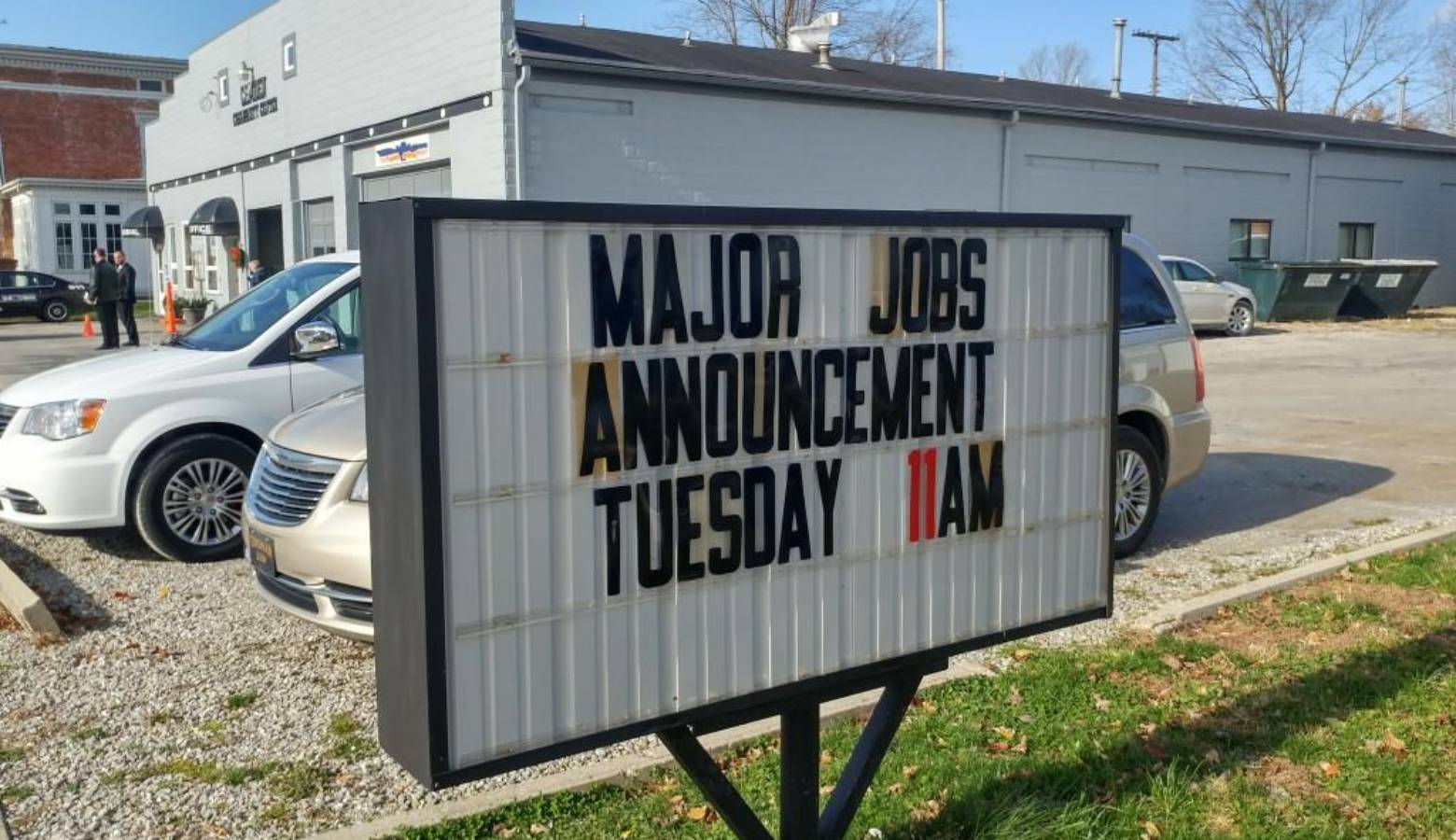 A sign heralded a new employer's arrival in the small Carroll County town of Camden last fall. (Annie Ropeik/IPB file photo)