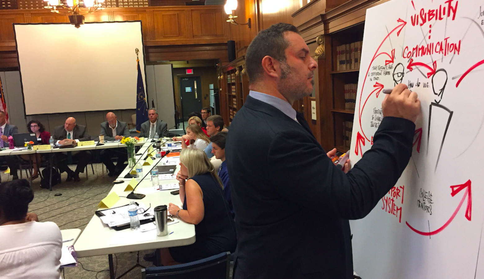 Mike Fleisch illustrates and takes notes on the discussion by the Graduation Pathways Committee members Aug. 23, 2017 at the Indiana State Library in Indianapolis. (Credit: Eric Weddle/WFYI Public Media)