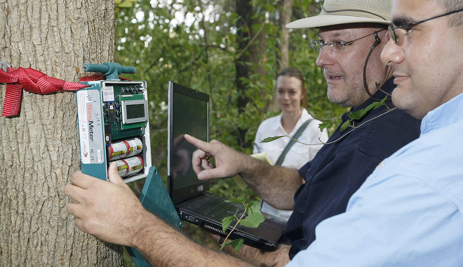 Purdue University ecologists collect data from recording equipment. (Purdue/Tom Campbell)