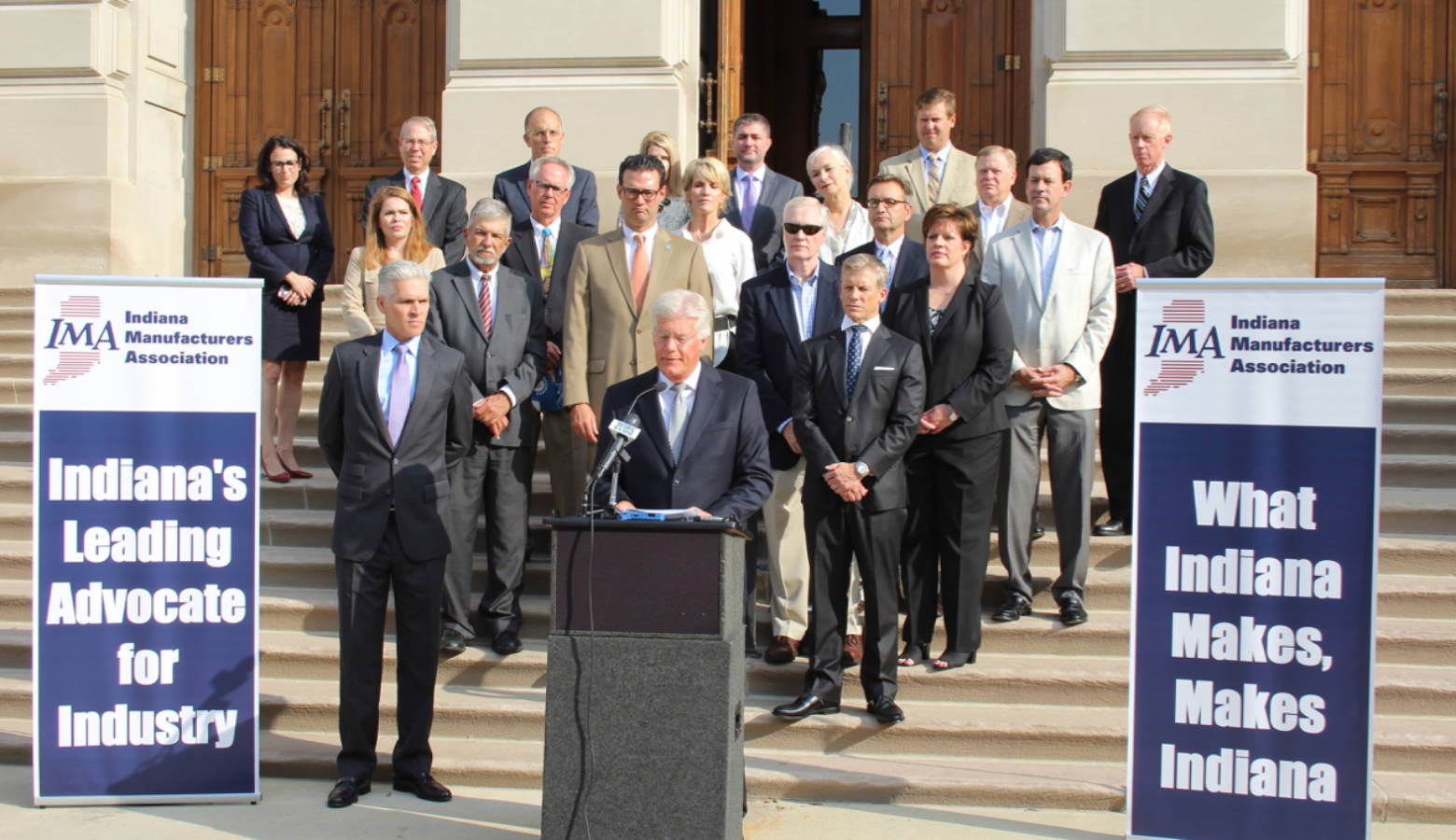 Indiana Manufacturers Association president Brian Burton laid out the industry's 2018 legislative priorities alongside Hoosier factory executives at the Statehouse Thursday. (Annie Ropeik/IPB News)