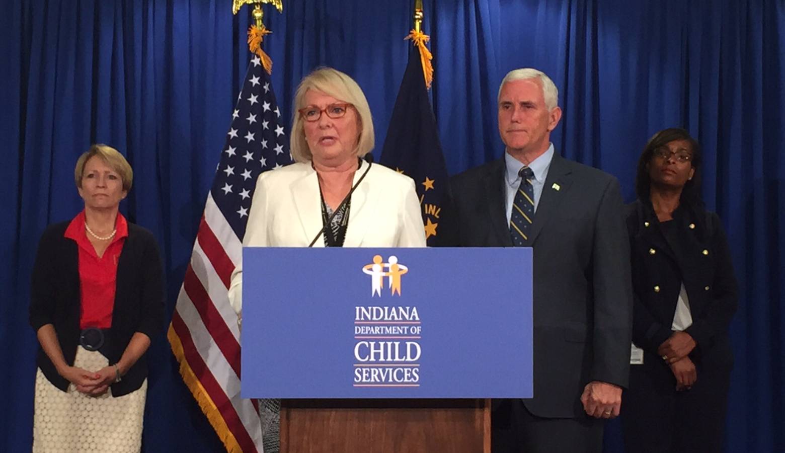 Outgoing DCS Director Mary Beth Bonaventura, pictured from a 2015 press conference, sharply criticized Gov. Eric Holcomb in her resignation letter. (Brandon Smith/IPB News)