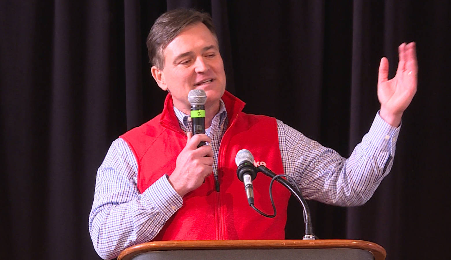 Rep. Luke Messer (R-Shelbyville) speaks to the crowd of state party activists before the straw poll vote. (Tyler Lake/WTIU)
