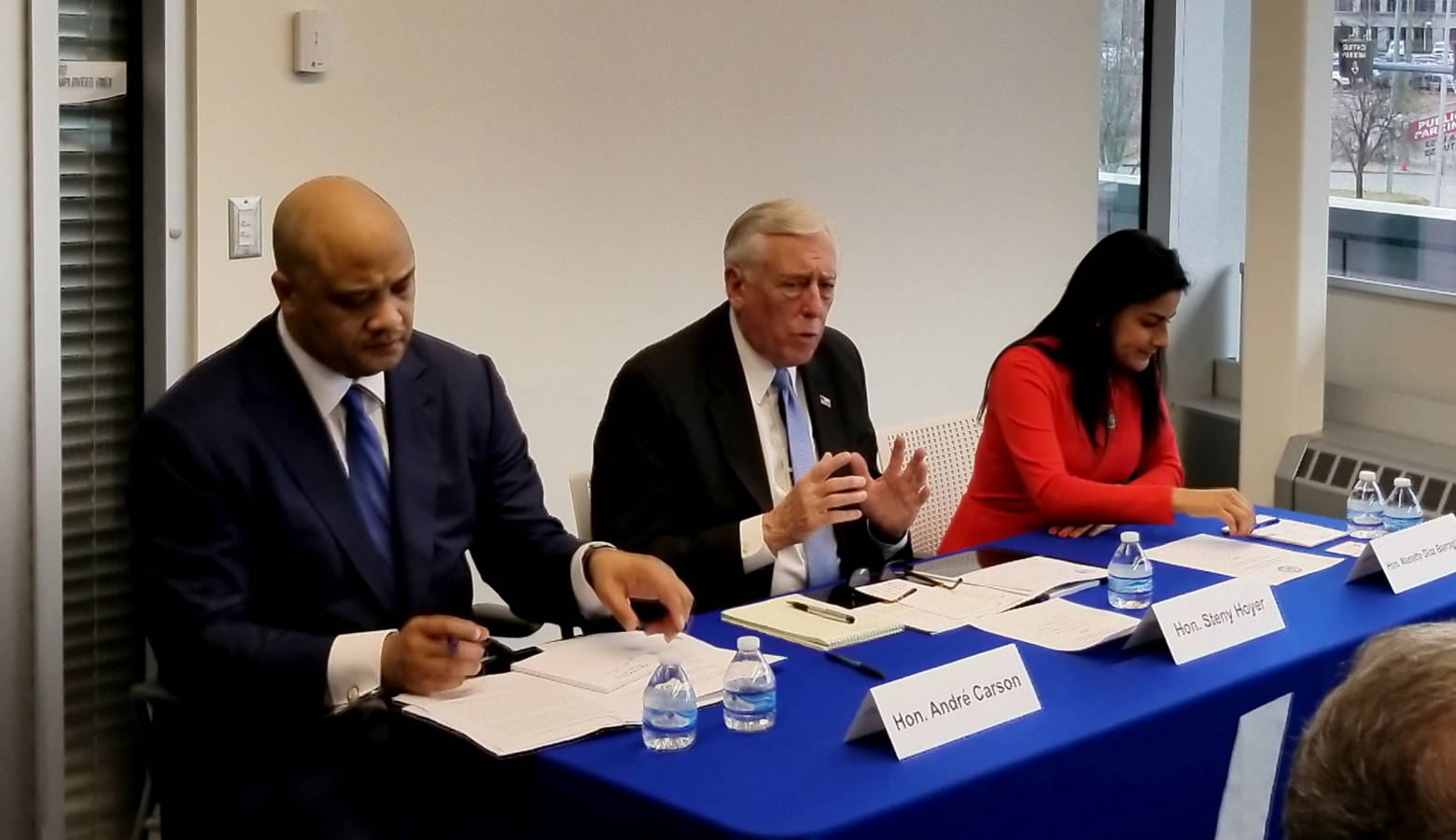 Reps. Andre Carson (D-Ind.), Steny Hoyer (D-Md.) and Rep. Nanette Barragán (D-Calif.) stop in Indianapolis on their "Make It In America Tour." (Samantha Horton/IPB News)