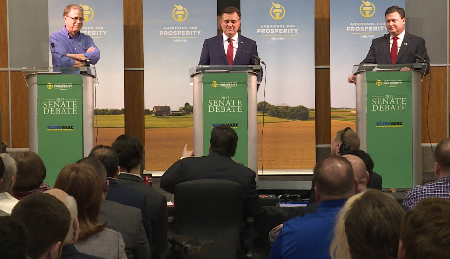 Former state lawmaker Mike Braun, U.S. Rep. Luke Messer and U.S. Rep. Todd Rokita participate in a debate sponsored by by conservative group Americans for Prosperity-Indiana. (Barbara Brosher/WTIU)