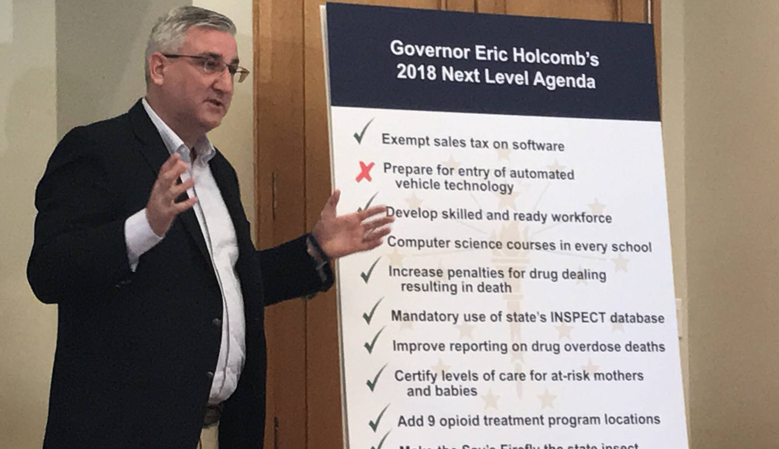 Gov. Eric Holcomb identified self-driving vehicle legislation as a priority this year. But it was one of the bills that died when lawmakers ran out of time. (Brandon Smith/IPB News)