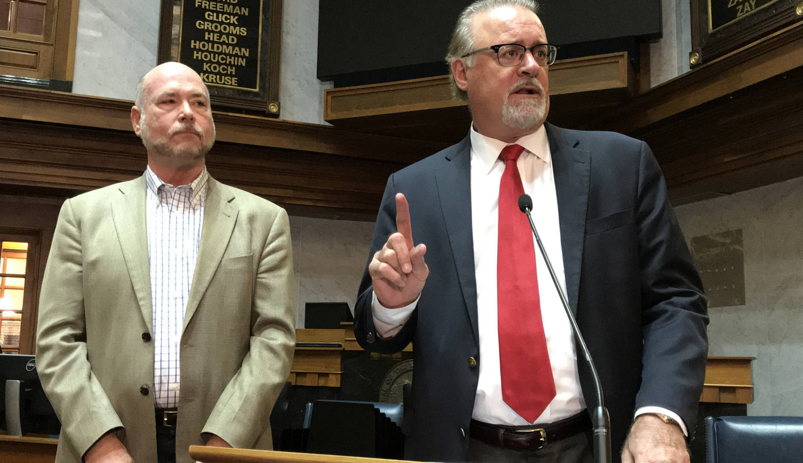 Speaker Brian Bosma (R-Indianapolis), left, and Senate President Pro Tem David Long (R-Fort Wayne) discuss the details of the 2018 special session. (Brandon Smith/IPB News)