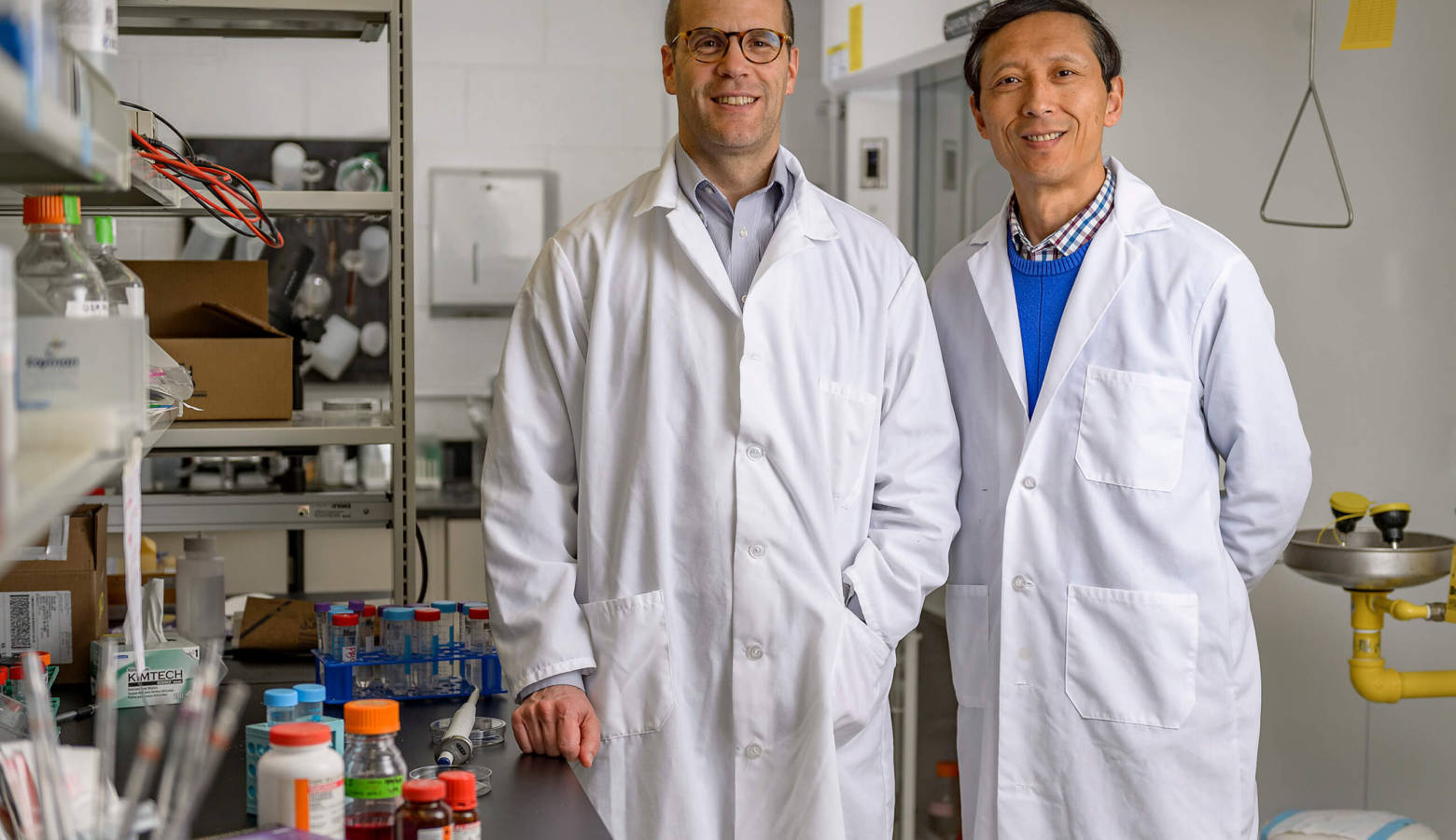 Purdue University researchers Jean-Christophe “Chris” Rochet and Dr. Riyi Shi say their discovery of a key factor in the development of Parkinson’s disease could lead to new therapies. (Photo courtesy of Alex Kumar/Purdue University)