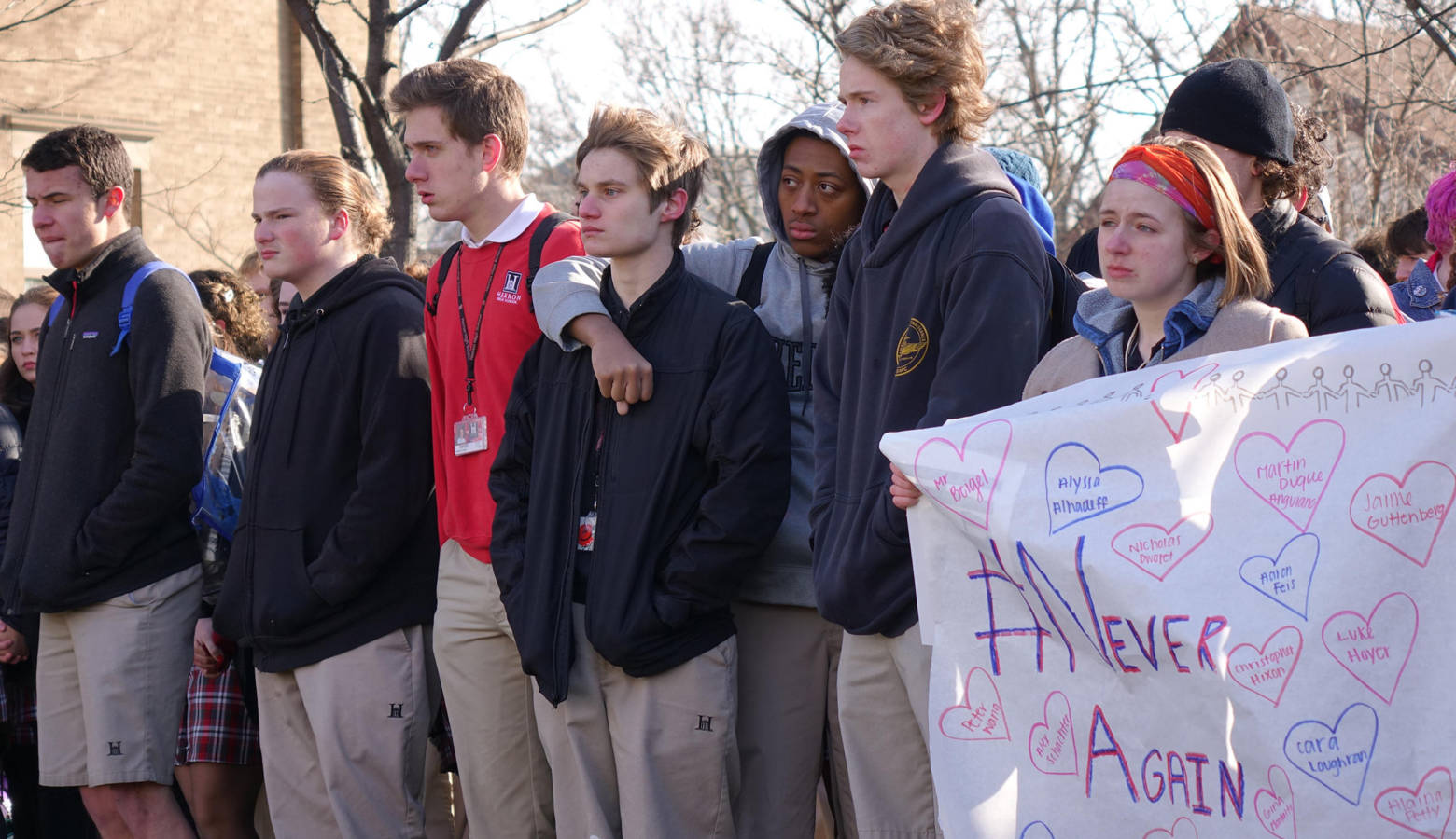 Students at Herron High School in downtown Indianapolis walked out of class Wednesday, March 14, 2018 to call for an increase in school safety and honor the victims of the Parkland, Florida shooting. (Eric Weddle/WFYI News)