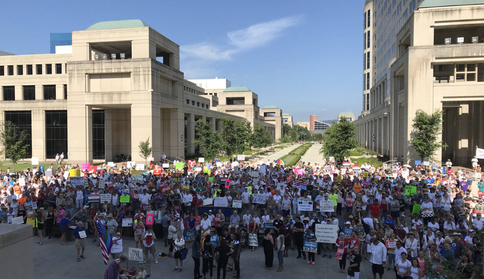 Hundreds gathered outside the Indiana Statehouse to protest the Trump administration's immigration policies. (Brandon Smith/IPB News)