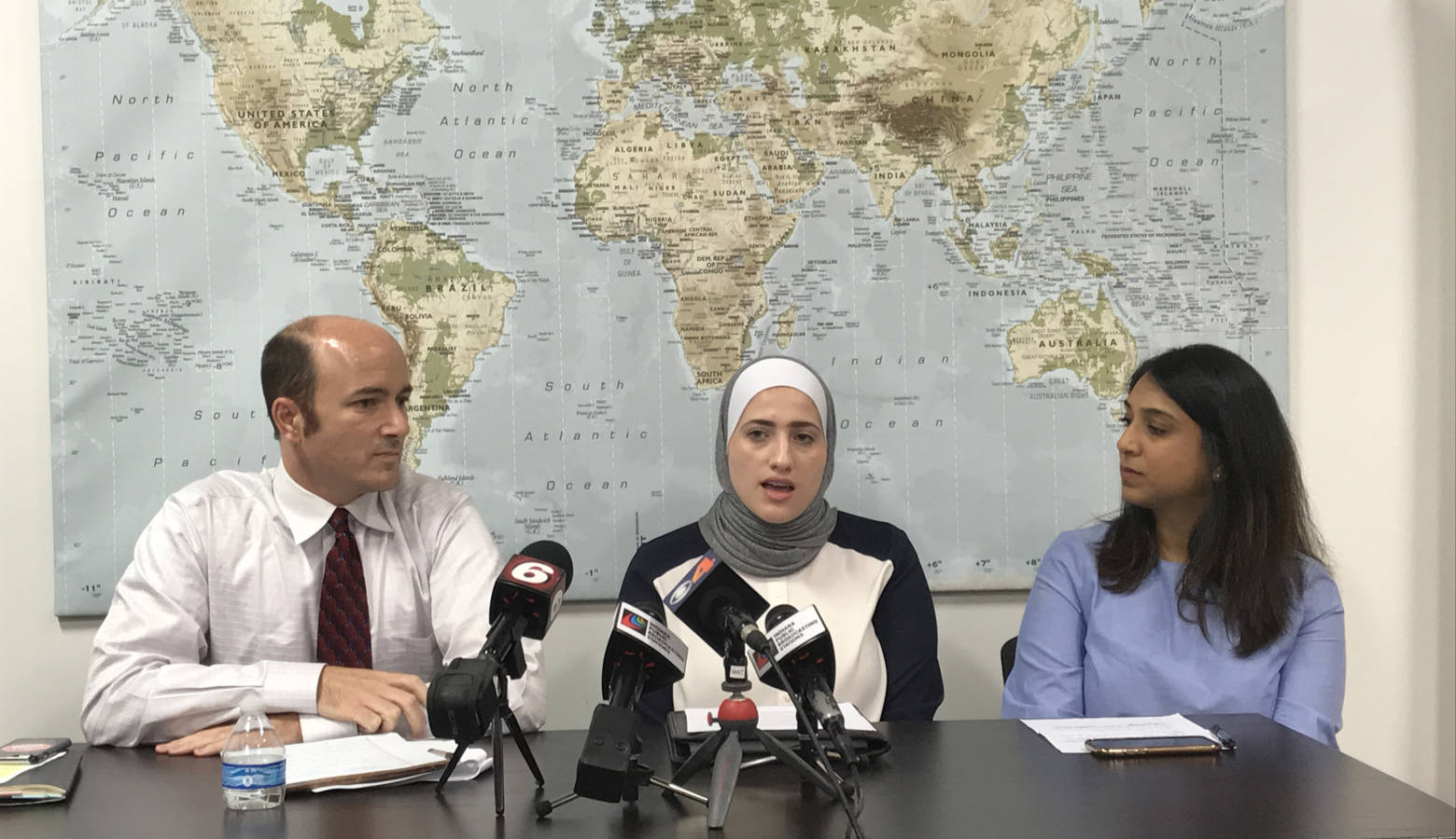 From left, ACLU of Indiana's Gavin Rose, Exodus Refugee Immigration's Sara Hindi, and Muslim Alliance of Indiana's Aliya Amin discuss the Supreme Court's decision on Pres. Trump's Muslim travel ban. (Brandon Smith/IPB News)
