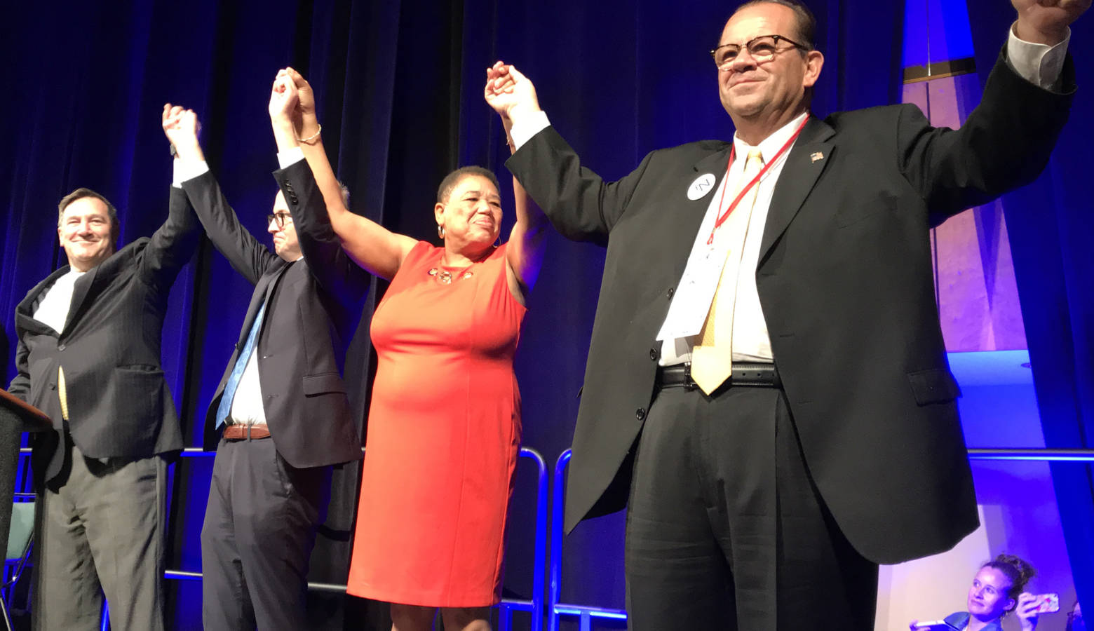 Indiana Democrats running statewide in 2018: from left, Sen. Joe Donnelly (D-Ind.), Secretary of State candidate Jim Harper, State Auditor candidate Joselyn Whitticker, and State Treasurer candidate John Aguilera. (Brandon Smith/IPB News)