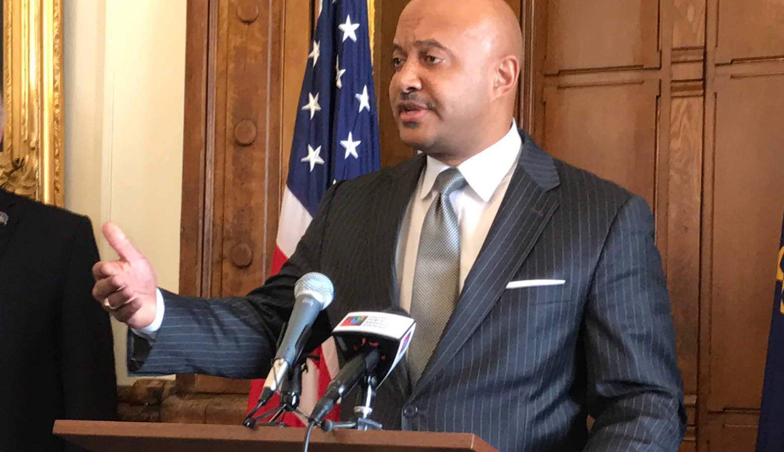 Indiana Attorney General Curtis Hill at a May 2017 press conference. (Brandon Smith/IPB News)