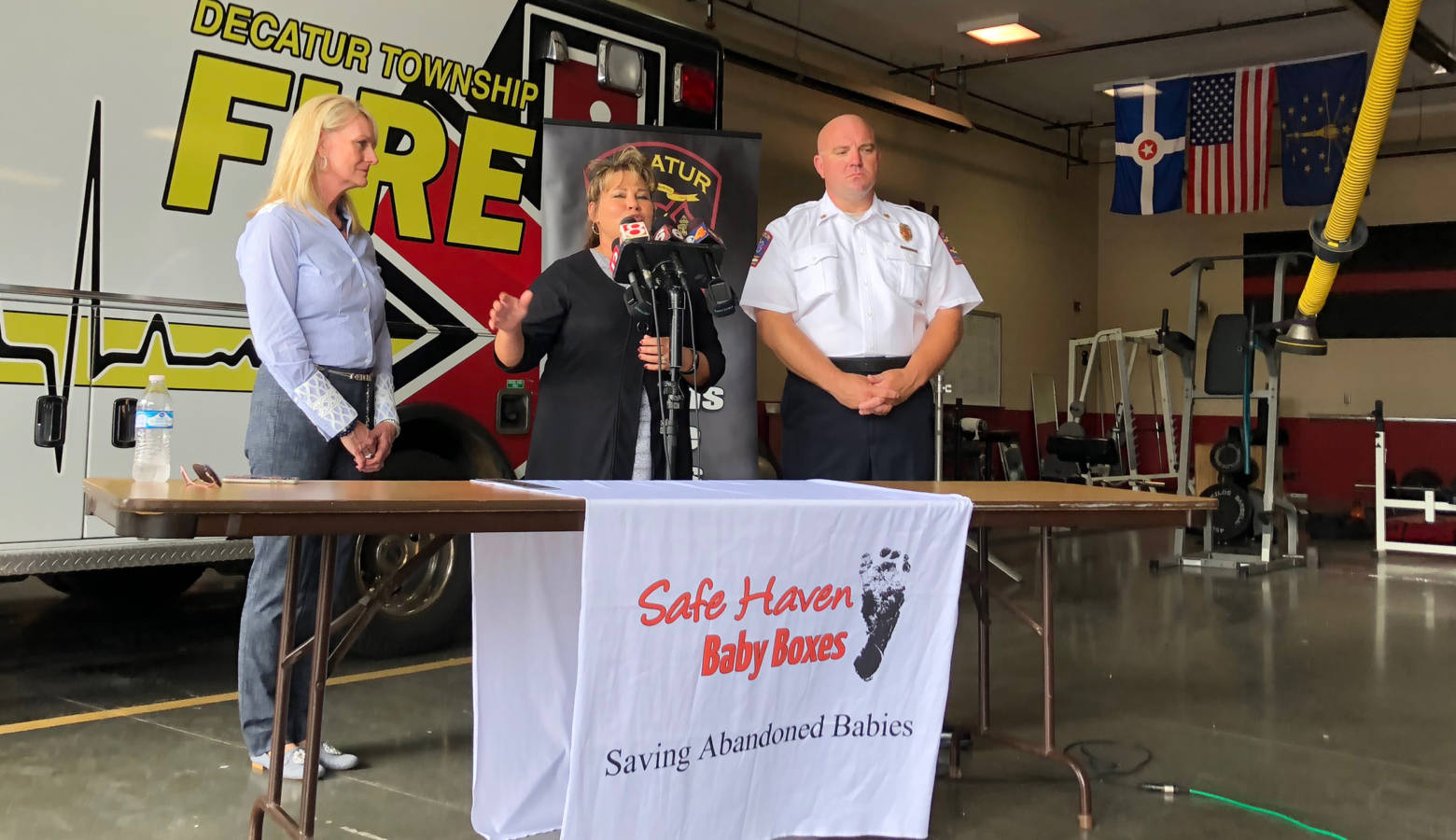 Monica Kelsey, founder of Safe Haven Baby Boxes, speaks at Decatur Township Fire Department. The station will become Indiana's third Baby Box location, though the installation has been delayed by a week or two. (Sarah Panfil/WFYI)