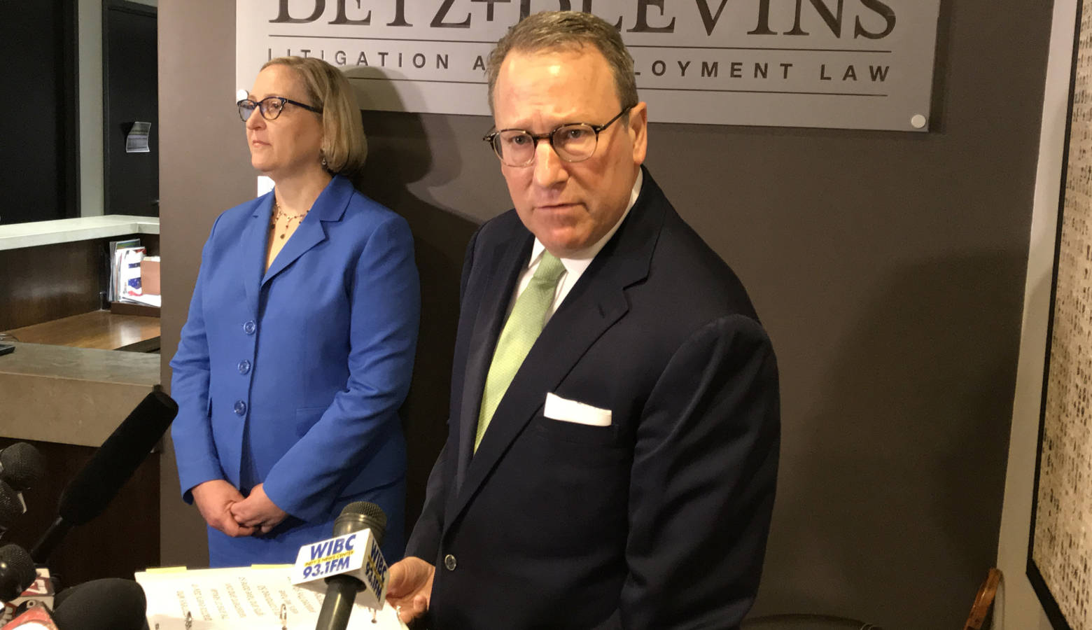 Attorneys Kevin Betz, right, and Sandra Blevins, left, sought to discredit parts of a leaked report that contains sexual misconduct allegations against Attorney General Curtis Hill. (Brandon Smith/IPB News)