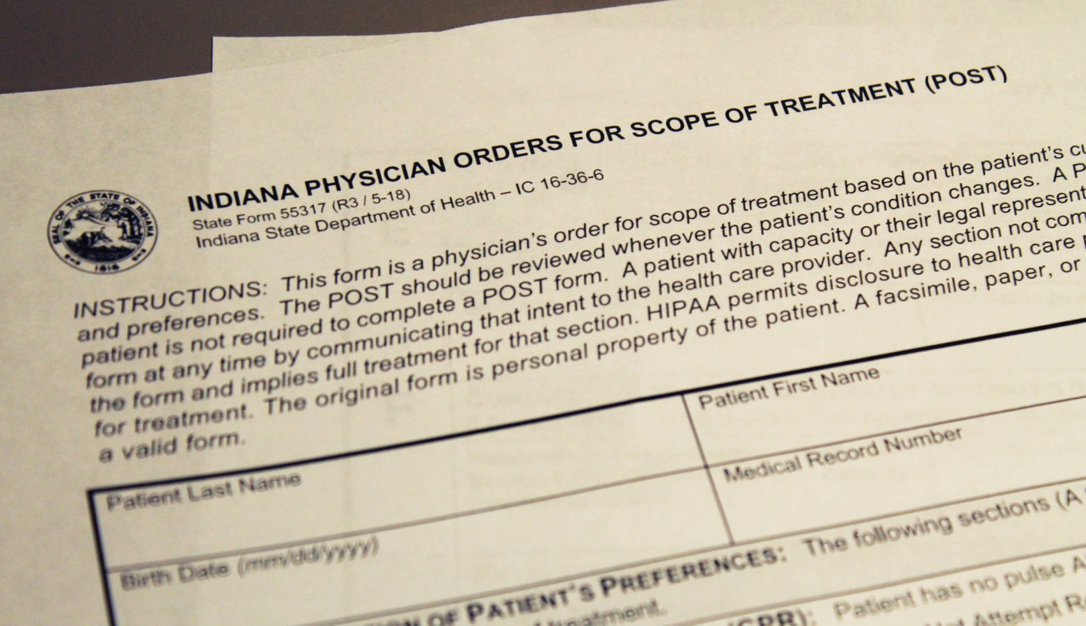 Indiana POST form details the patient's wishes if they have an advanced or progressive illness. (Lauren Chapman/IPB News)