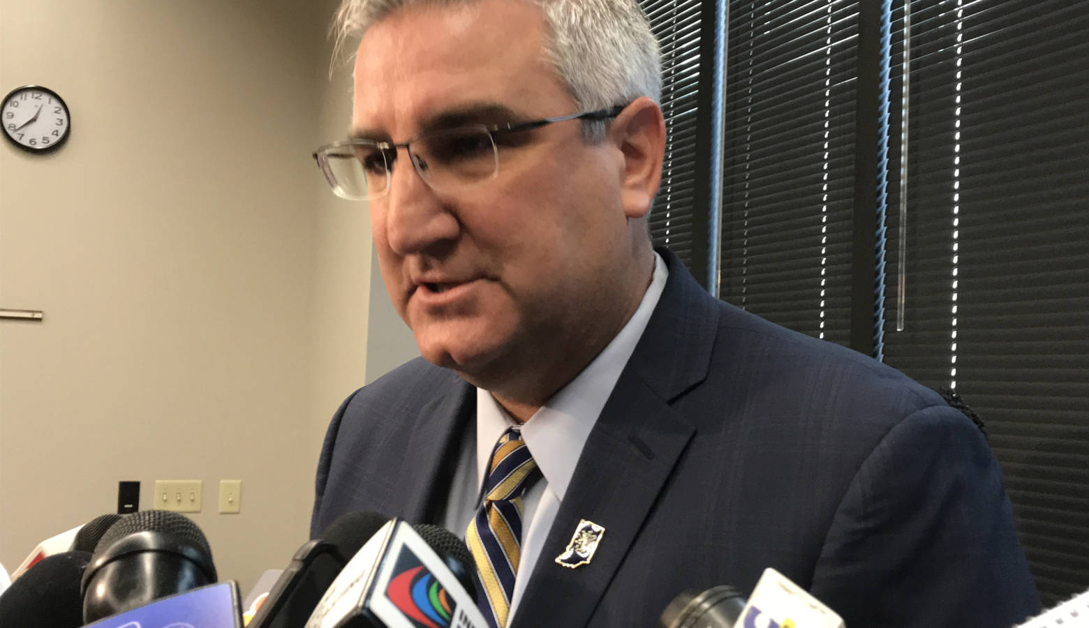Gov. Eric Holcomb pledged to work next session to ensure a hate crimes bill passes after vandals defaced a Carmel synagogue with anti-Semitic graffiti. (Brandon Smith/IPB News)
