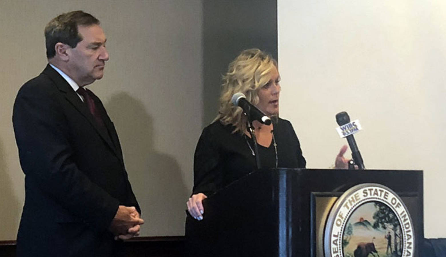 State Superintendent of Public Instruction Jennifer McCormick (R) and U.S. Sen. Joe Donnelly (D-Ind.) talk school safety during a press conference Monday.