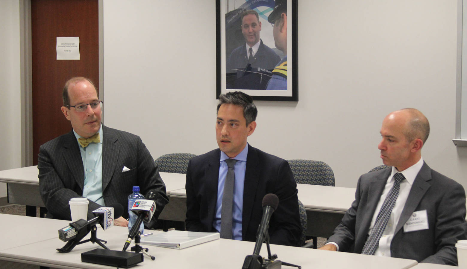 Assistant Secretary of State Dr. Chris Ford, Department of Commerce Special Agent Dan Clutch, and FBI Special Agent Grant Mendenhall answer media questions on economic espionage. (Samantha Horton/IPB News)