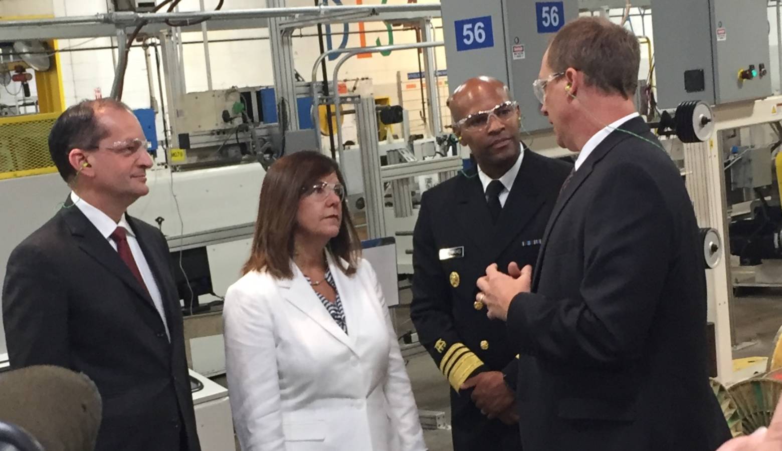 Secretary of Labor Alex Acosta, Second Lady Karen Pence and U.S. Surgeon General Jerome Adams tour the Belden plant in Richmond. (Jill Sheridan IPB News)