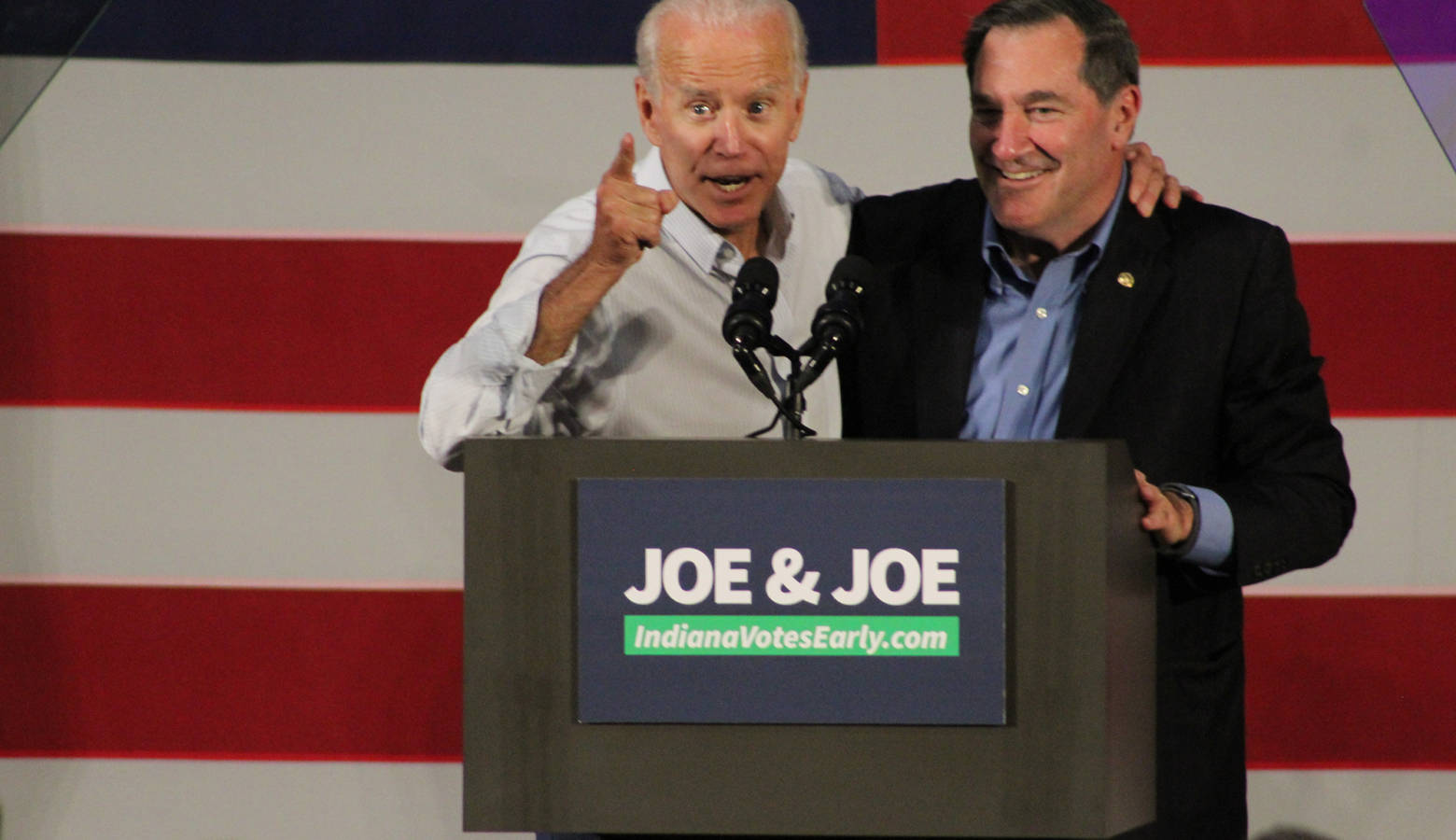 Former Vice President Joe Biden joins incumbent U.S. Sen. Joe Donnelly (D-Ind.) in Hammond Friday. (Samantha Horton/IPB News)