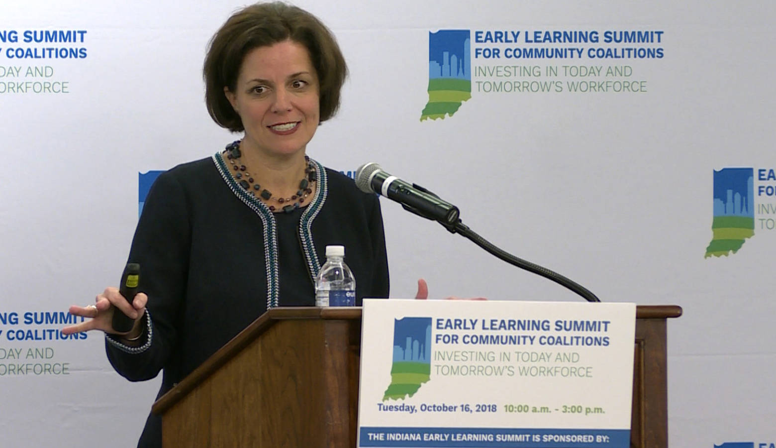 Early Learning Indiana President and CEO Maureen Weber presents the findings of a report from her organization and the Indiana University Public Policy Institute. (Jeanie Lindsay/IPB News)