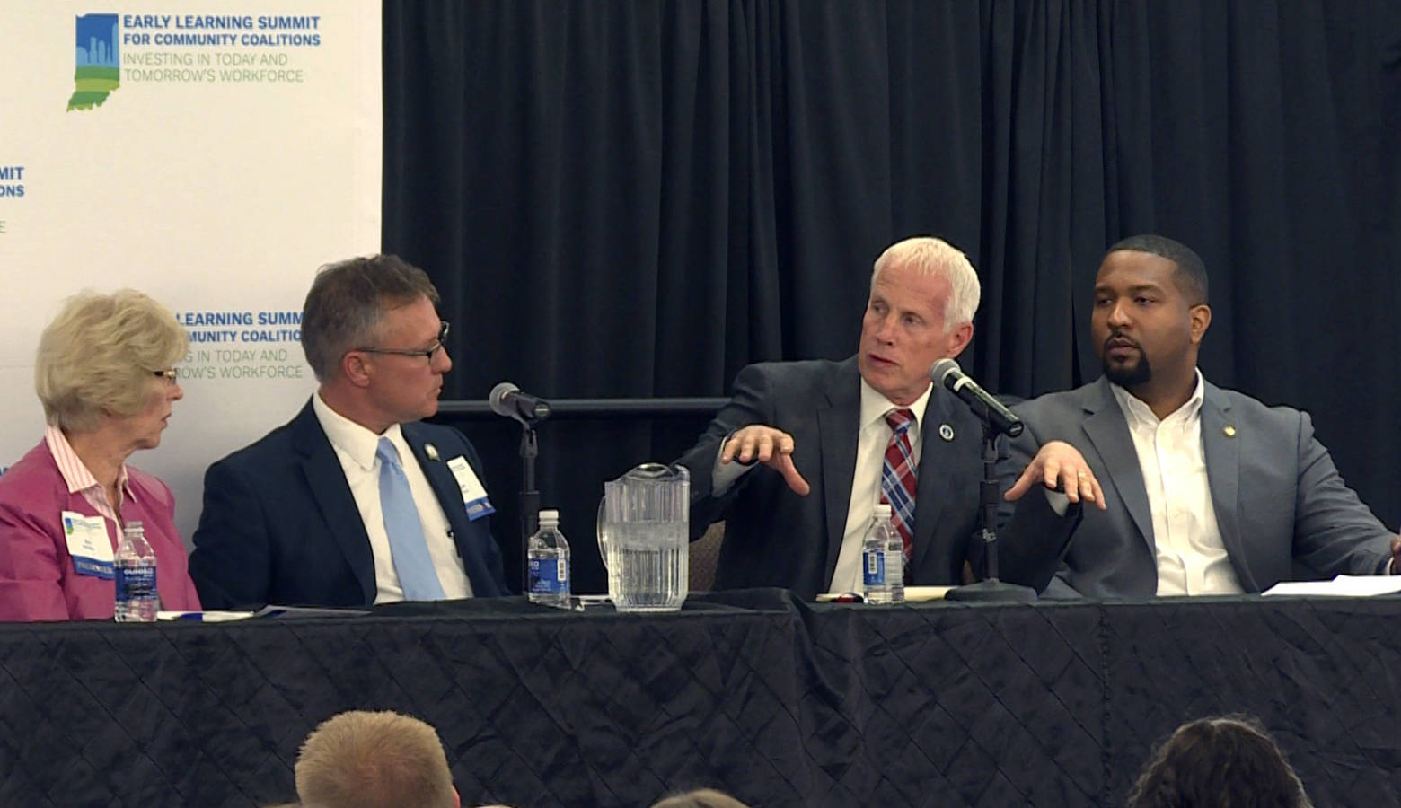 Four lawmakers discussed early learning during a panel session Tuesday: Rep. Sue Errington (D-Muncie), Sen. Jeff Raatz (R-Centerville), Rep. Bob Behning (R-Indianapolis), and Sen. Eddie Melton (D-Gary). (Jeanie Lindsay/IPB News)