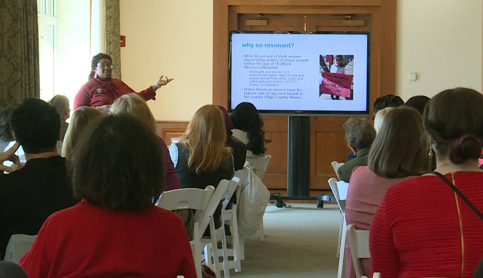 Tamara Winfrey-Harris leads a discussion on the #MeToo movement during Women 4 Change's State of Women in Indiana conference. (Lauren Chapman/IPB News)