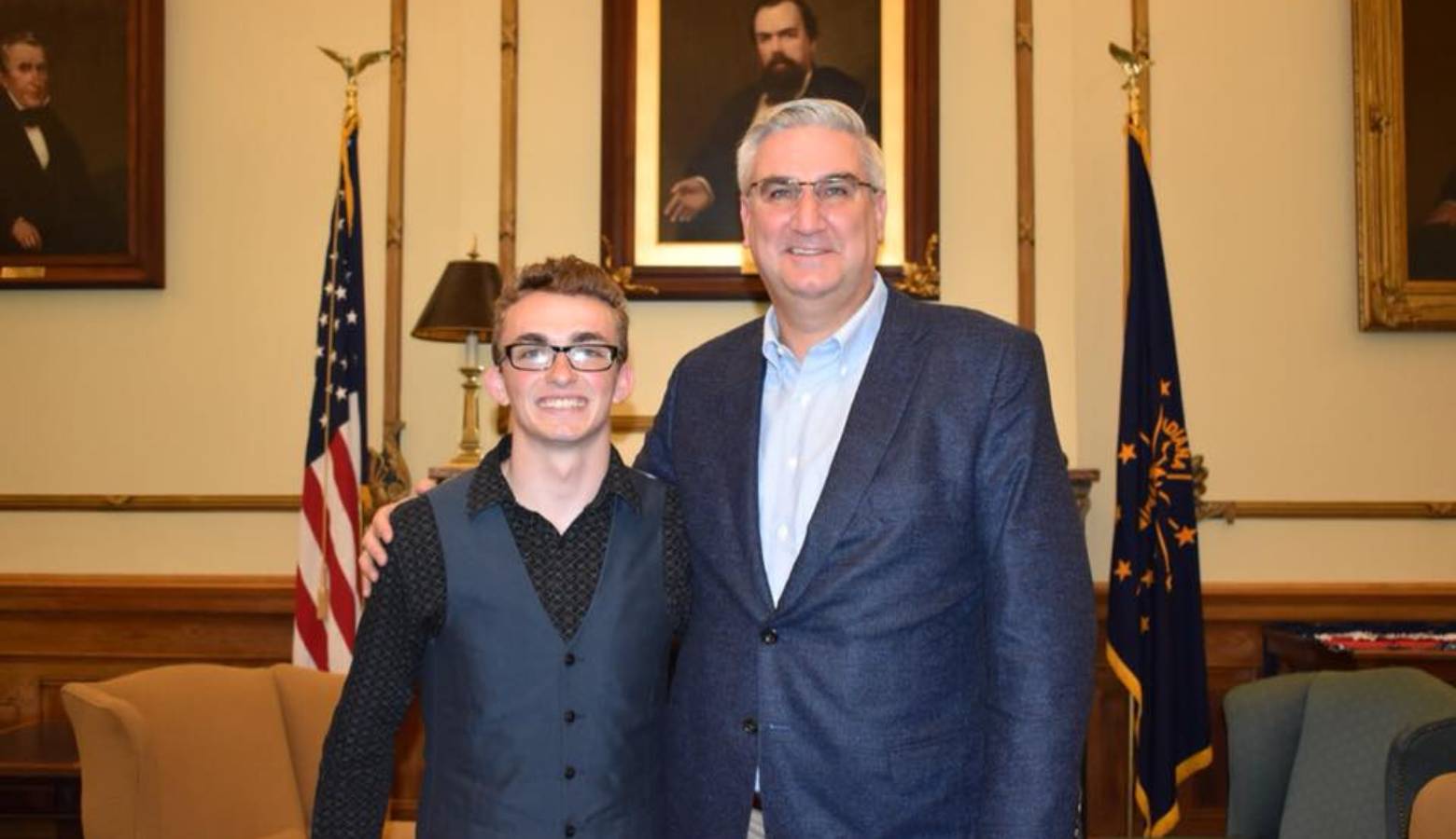 Joshua Christian and Gov. Eric Holcomb. (Photo provided by Connected by 25)