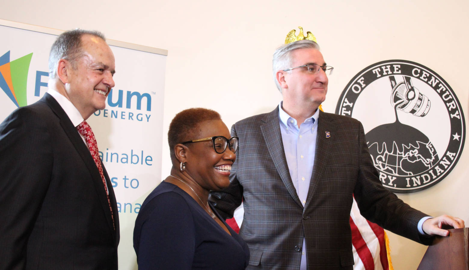 (Left to right) Fulcrum President and CEO Jim Macias, Gary Mayor Karen Freeman-Wilson, and Gov. Eric Holcomb celebrate Fulcrum's  announcement. (Samantha Horton/IPB News)