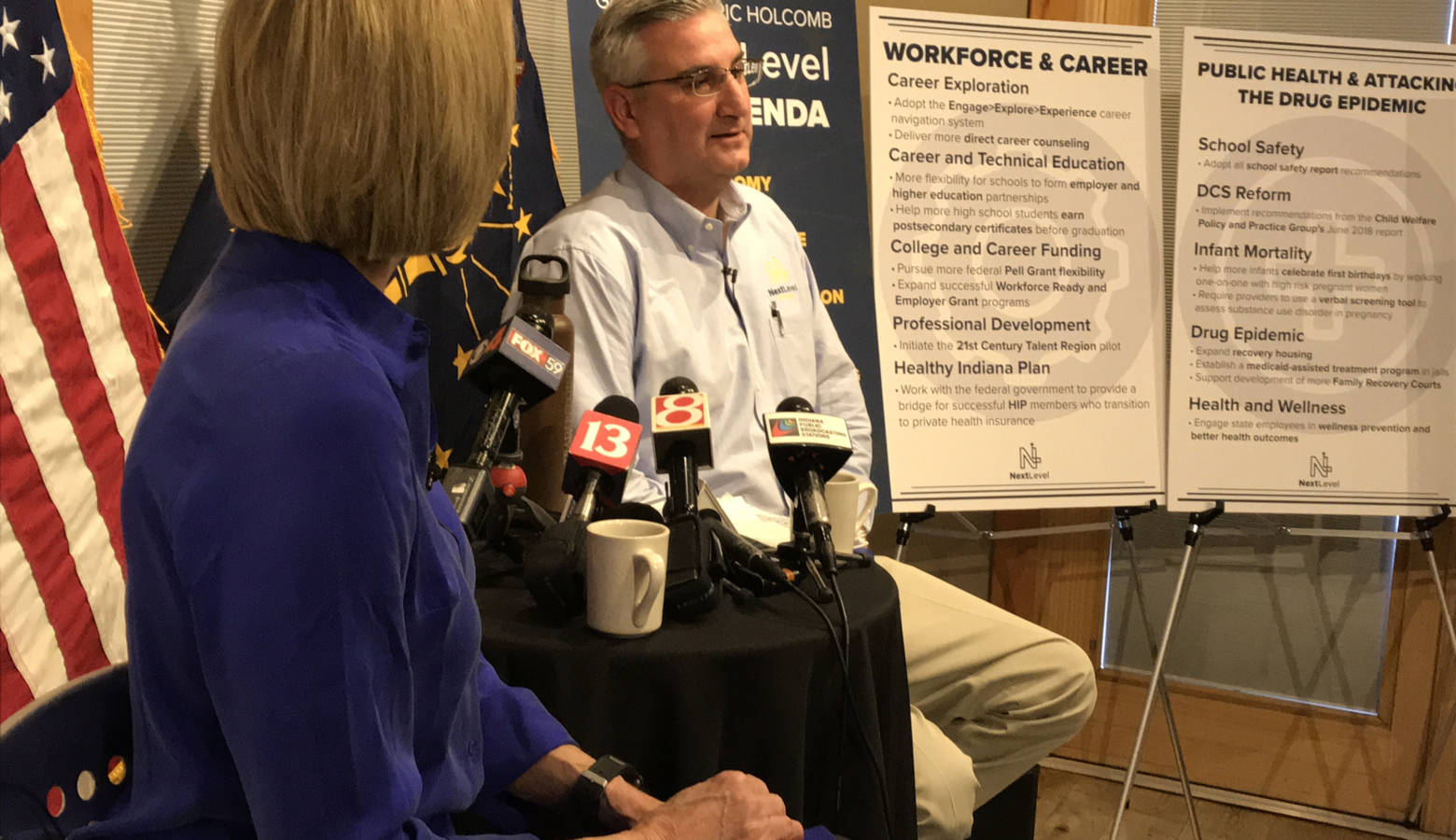 Lt. Gov. Suzanne Crouch and Gov. Eric Holcomb discuss their 2019 policy agenda. (Brandon Smith/IPB News)