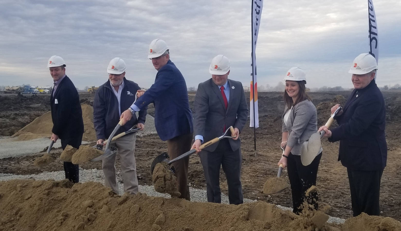 State and local officials along with DS Smith representatives break ground Friday for the UK packaging company's new facility in Lebanon. (Samantha Horton/IPB News)