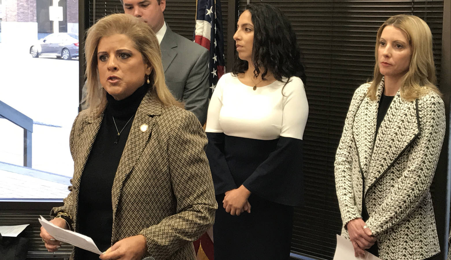 Rep. Mara Candelaria Reardon (D-Munster) speaks to reporters in October after a special prosecutor declined to bring charges against Attorney General Curtis Hill. (Brandon Smith/IPB News)