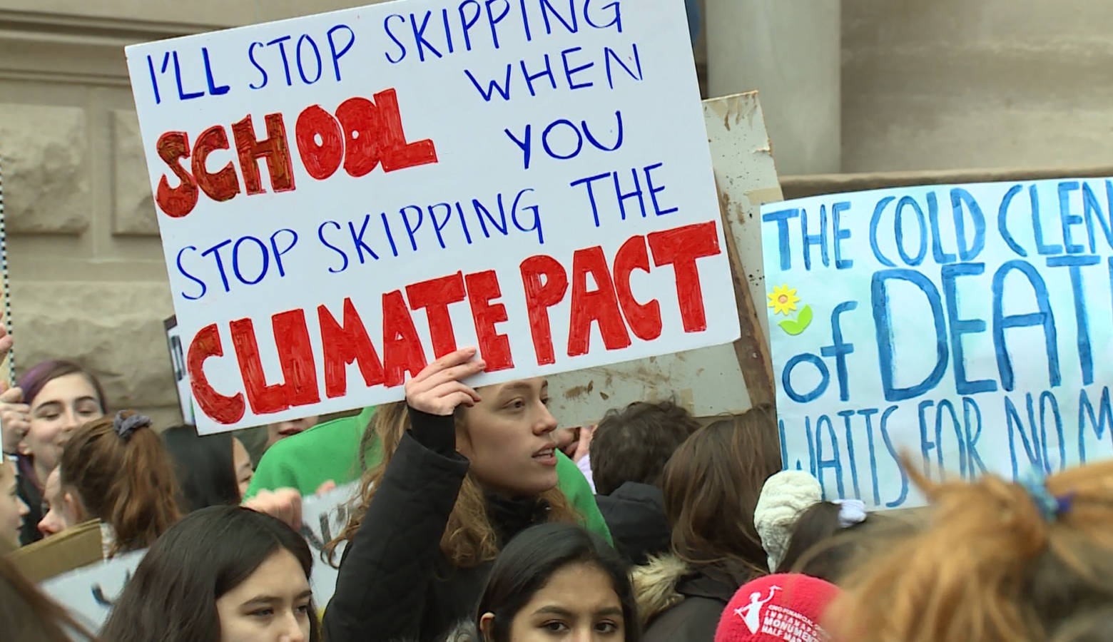 Signs at the Youth Climate Strike (Steve Burns/WTIU)
