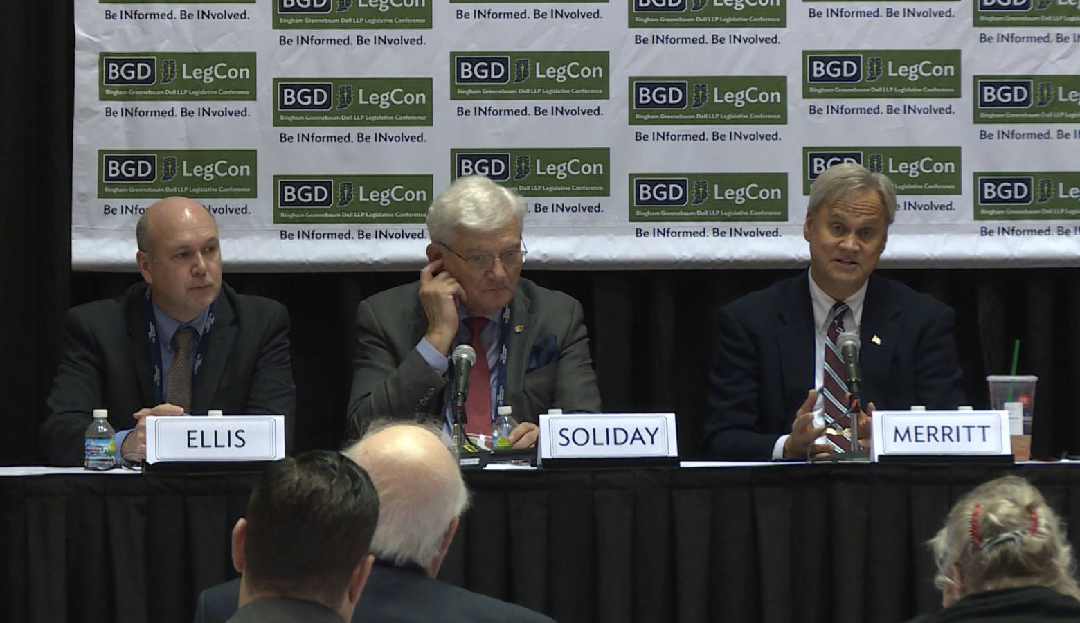 From left to right: Greg Ellis of the Indiana Chamber of Commerce, Rep. Ed Soliday (R-Valparaiso) who proposed the moratorium, and Sen. Jim Merritt (R-Indianapolis) at a pre-session panel in December. (Rebecca Thiele/IPB News)
