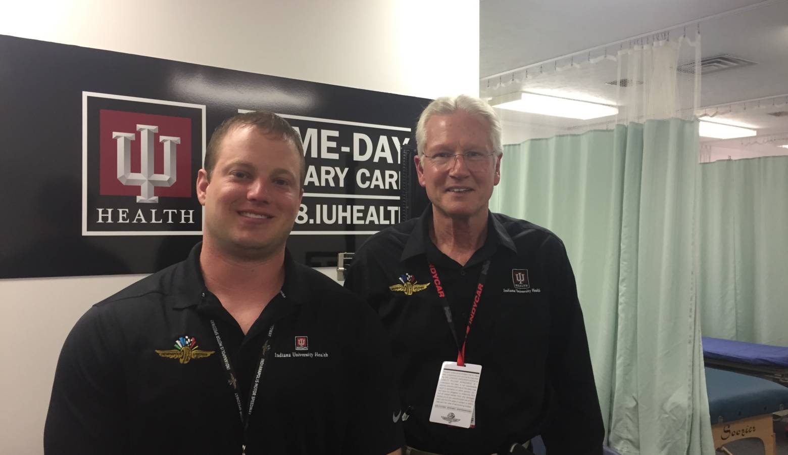 Resident Drew Lowry and IU Health Dr. Geoffrey Billows at the emergency medical center at IMS. (Jill Sheridan IPB News)