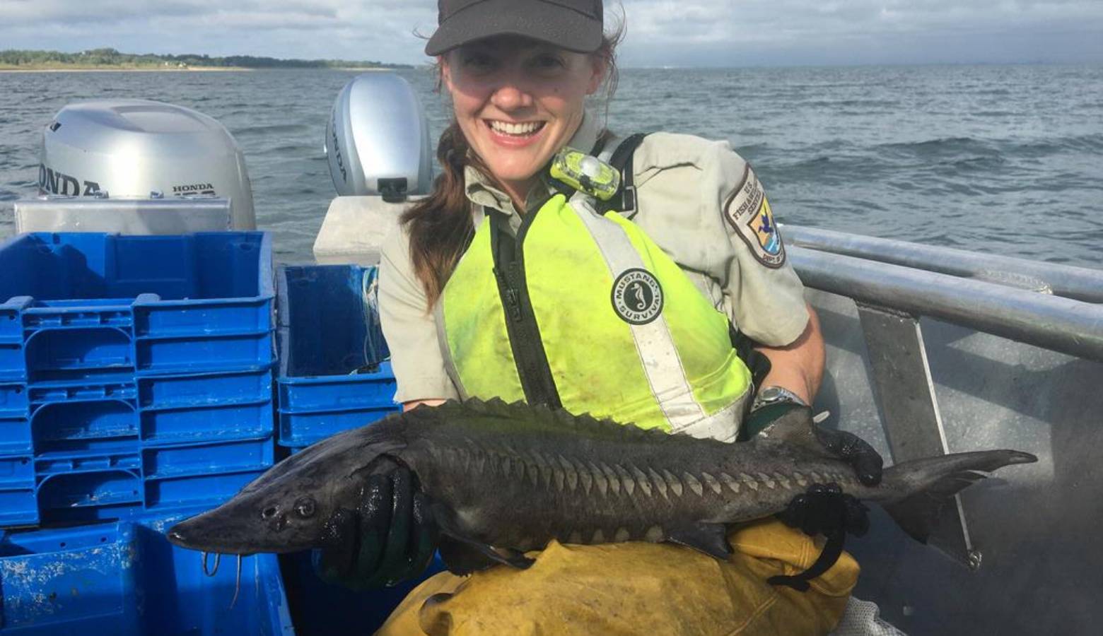 U.S. Fish and Wildlife Service Aquatic Invasive Species technician, Lisa Labudde, holds a native lake sturgeon sampled from Burns Harbor in Indiana, 2017 (USFWS)