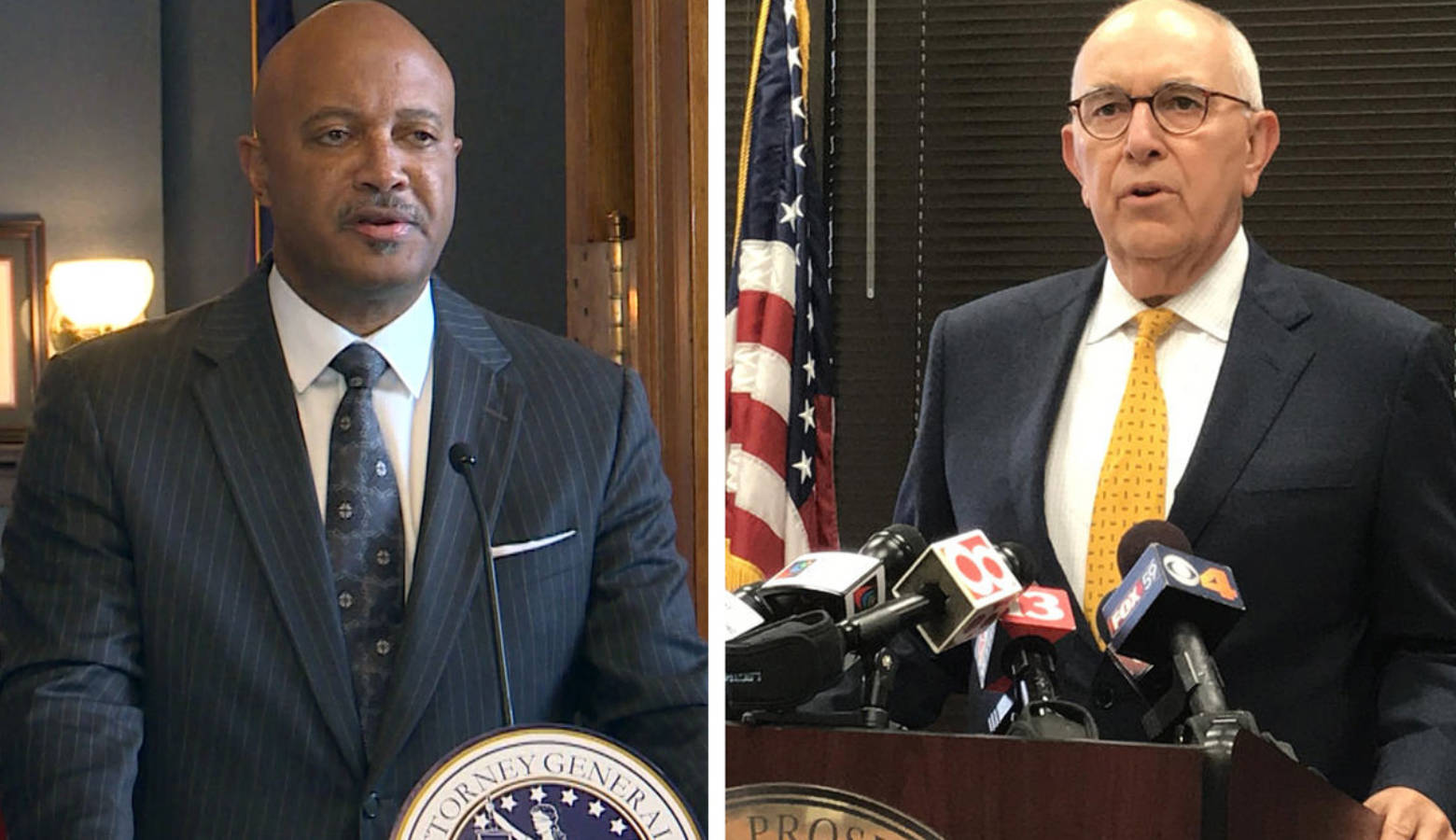 Indiana Attorney General Curtis Hill, left, and Marion County Prosecutor Terry Curry, right, are again clashing over a state abortion lawsuit. (FILE PHOTOS: Lauren Chapman and Brandon Smith/IPB News)