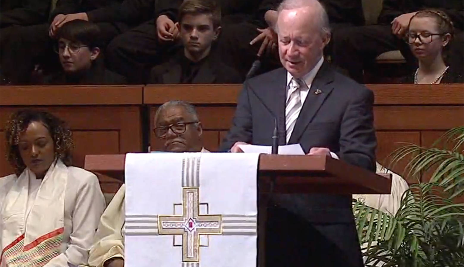 Former Gov. Mitch Daniels – a longtime Lugar staffer – speaks at former U.S. Sen. Richard Lugar's funeral in Indianapolis. (Courtesy of Lugar Center livestream)